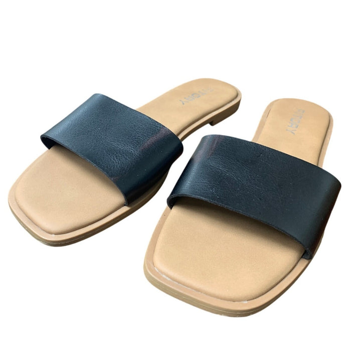 Fitory Womens Size 9 Black Faux Leather Wide Strap Slide On Flat Sandals Shoes