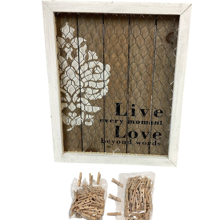 Live Every Moment Framed Art Wood Clothes Pin Jewlery Chicken Wire Craft Display