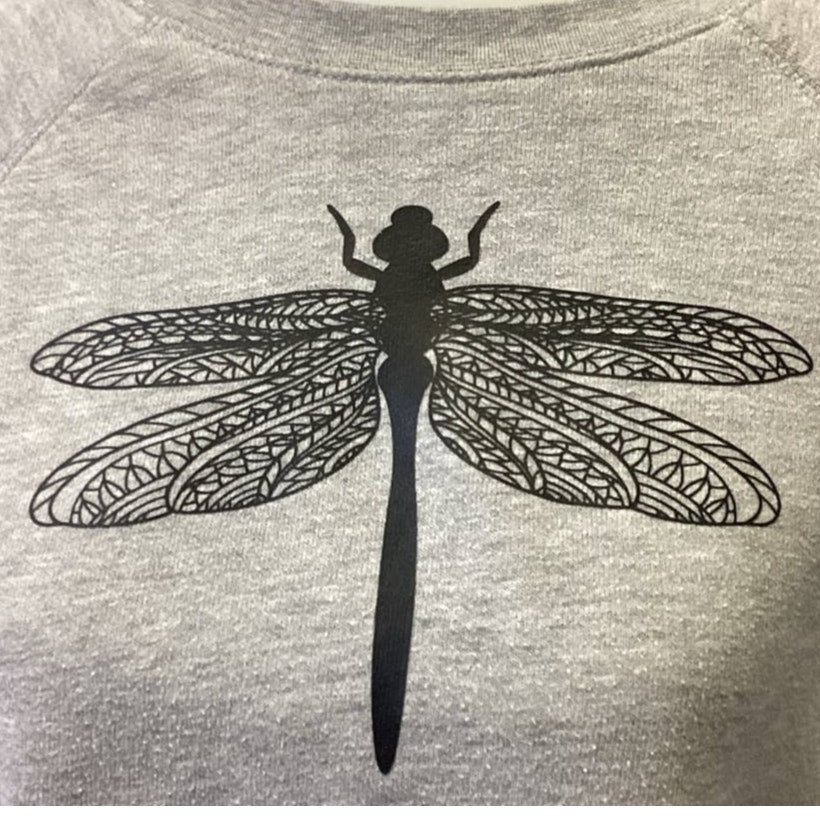 Hand Printed Upcycled Womens Large Dragonfly Cropped Long Sleeve Sweatshirt Top