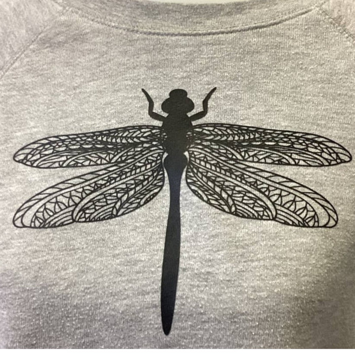 Hand Printed Upcycled Womens Large Dragonfly Cropped Long Sleeve Sweatshirt Top