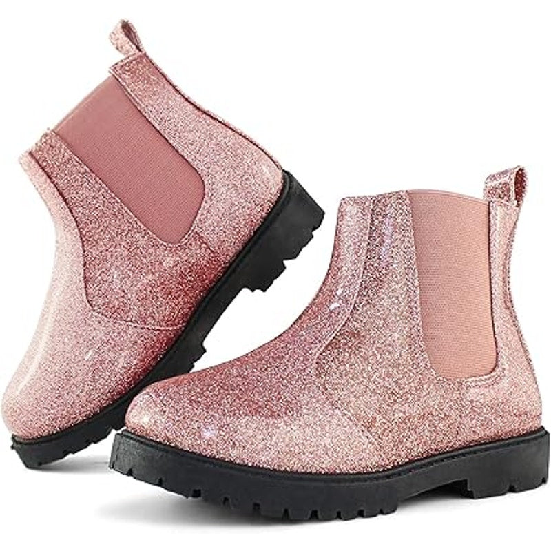 New Tobfis Girls 6 Glitter Pink Pull On Non Slip Chelsea Waterproof Rain Boots