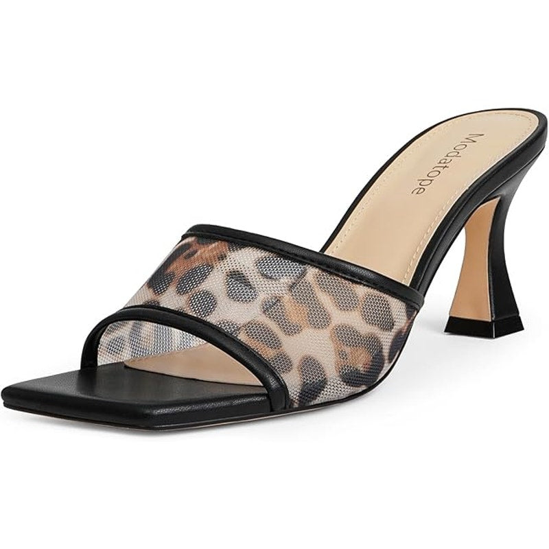 Modatope Womens Size 6 Black Leopard Mesh Open Toe 3" Heel Slide On Sandal Shoes