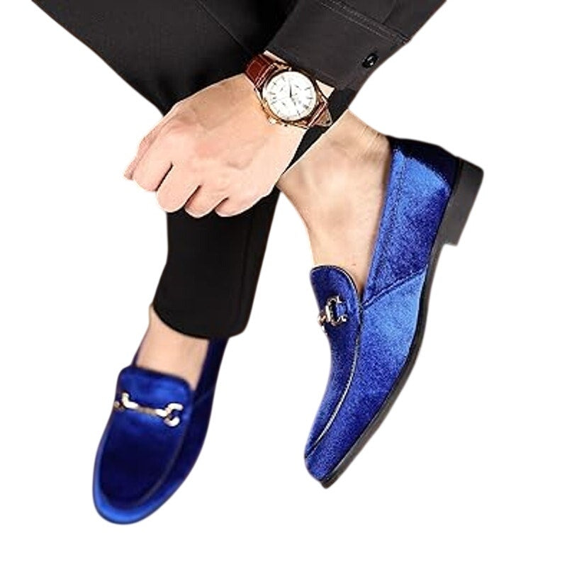 Cosidram Mens Size 15 Blue Velvet Gold Accent Slide On Low Heel Loafers Shoes