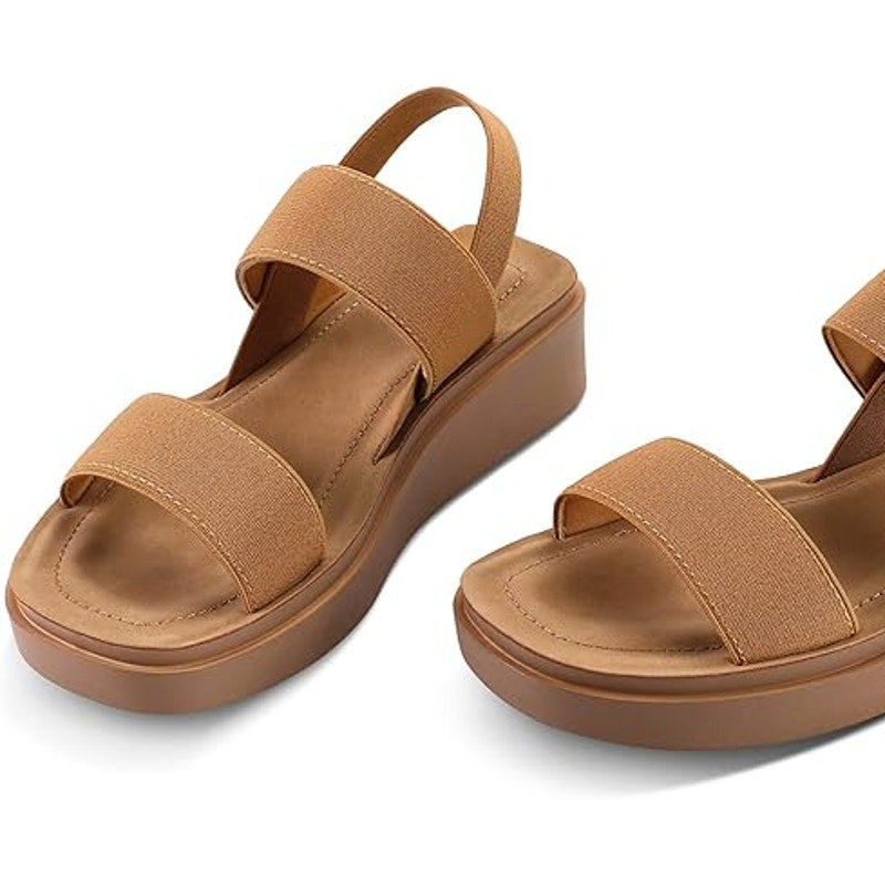 Mysoft Womens 9.5 Camel Brown 1.5" Platform Wedges Elastic Strap Sandal Shoes