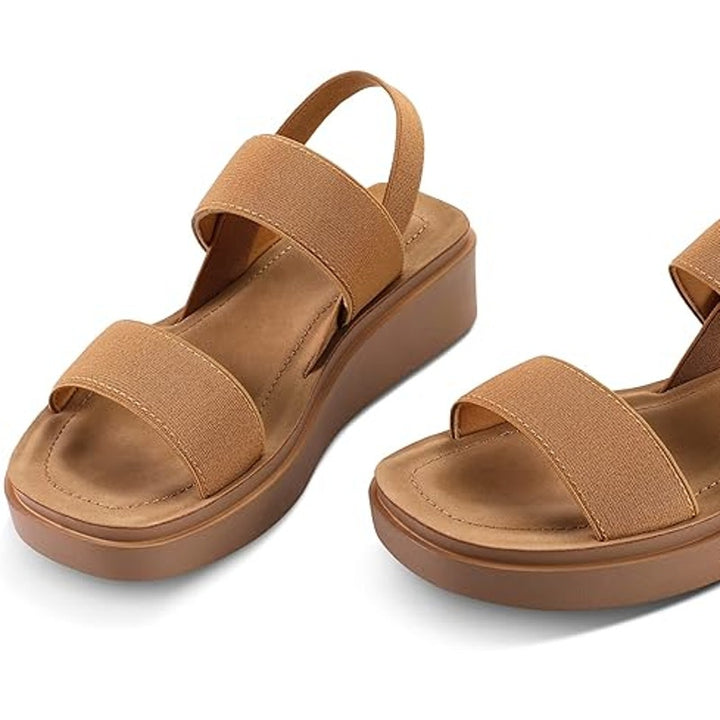 Mysoft Womens 9.5 Camel Brown 1.5" Platform Wedges Elastic Strap Sandal Shoes