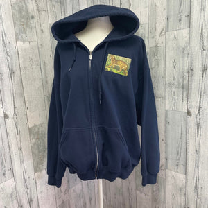 Hand Printed Upcycled Mens XL Wild Tiger Cotton Blend Sweatshirt Hoodie Jacket