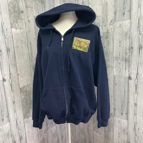 Hand Printed Upcycled Mens XL Wild Tiger Cotton Blend Sweatshirt Hoodie Jacket