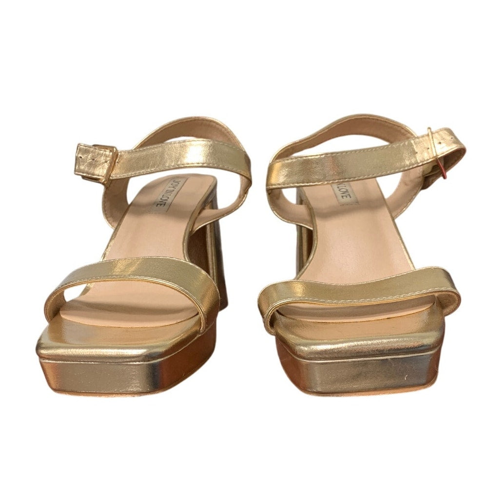 Joy In Love Women 7.5 Shiny Gold Open Toe 4" Block Heel Ankle Strap Sandal Shoes