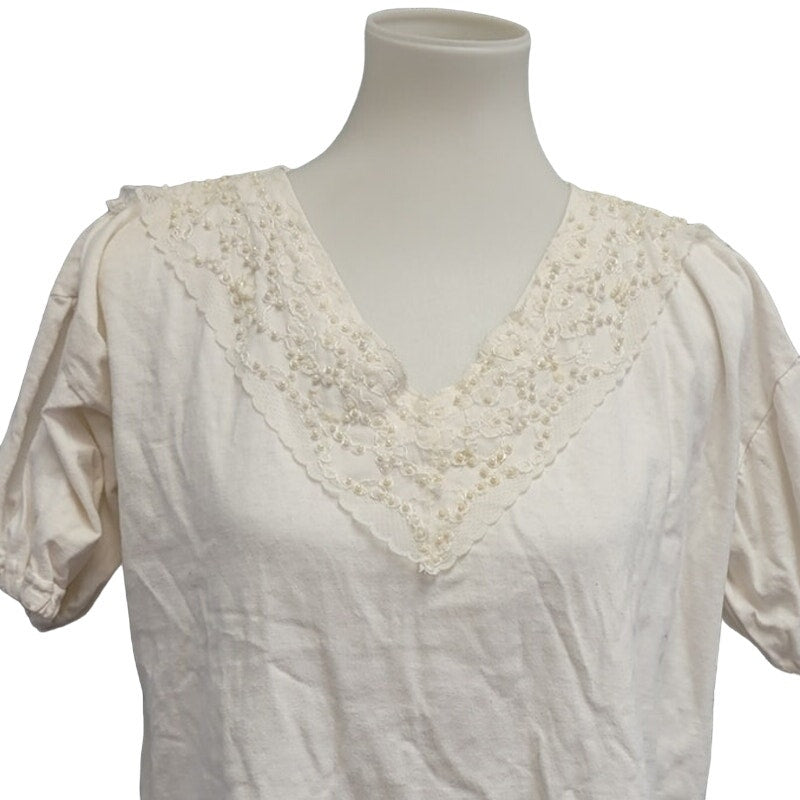 Vintage Bravo Womens Medium Short Sleeve Cold Shoulder Beaded V Neck Cropped Top