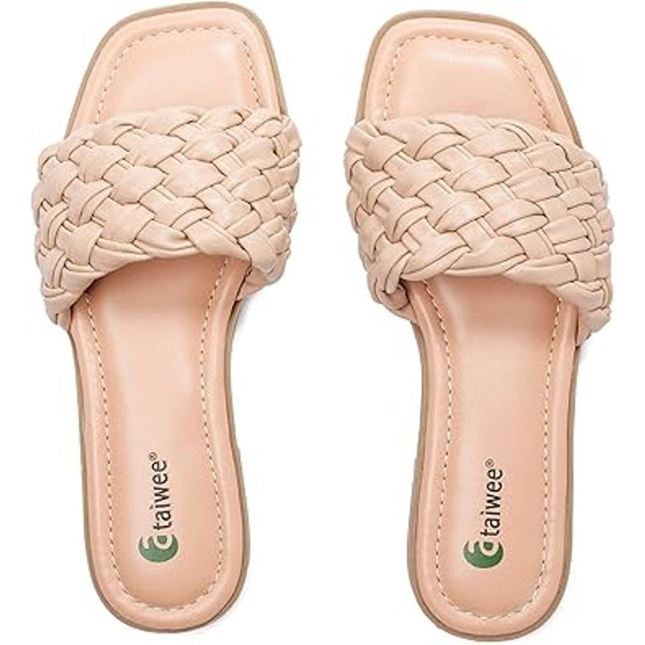 Ataiwee Womens Size 8 Tan Braided Faux Leather Slide On Open Toe Sandal Shoes