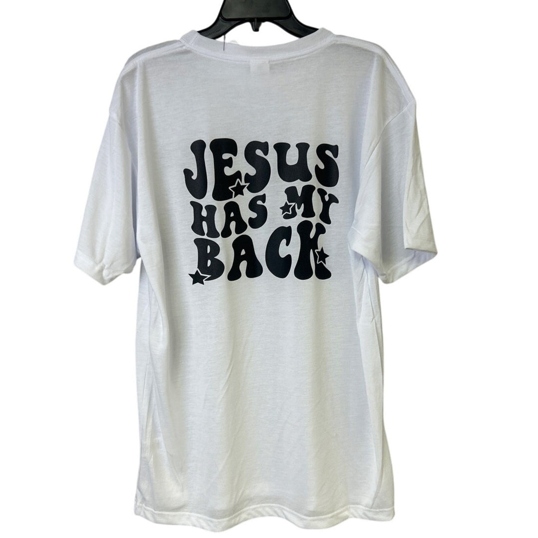New Hand Printed Mens Large White Jesus Has My Back Short Sleeve Tee Shirt