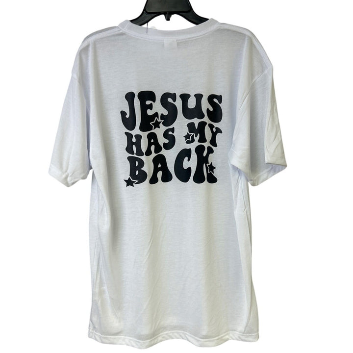 New Hand Printed Mens Large White Jesus Has My Back Short Sleeve Tee Shirt