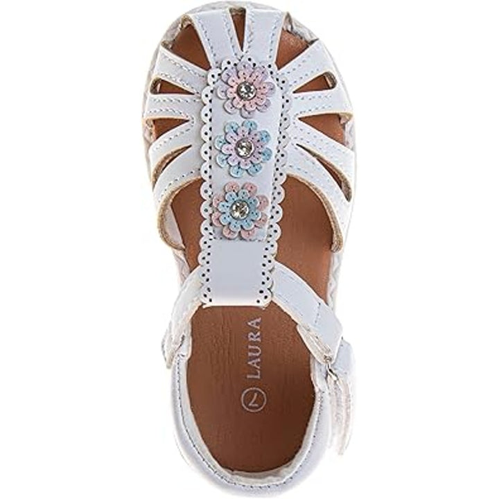 Laura Ashley Toddler Girls Size 7 White Sparkle Flower Hook Loop Flat Sandals