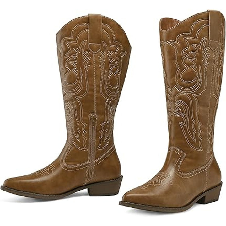 Mysoft Womens 8W 8 Wide Brown Embroidered 1.5" Chunky Heel Cowboy Western Boots