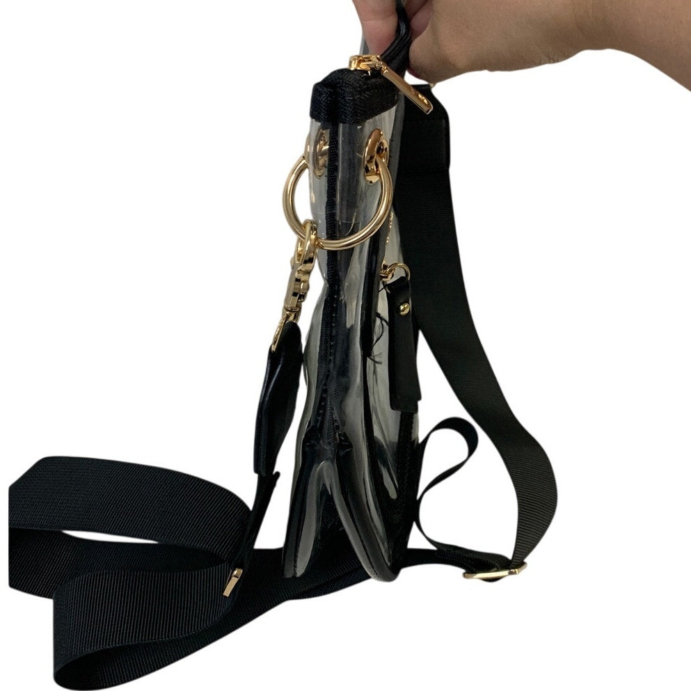 Womens Clear Black Trim Multi Zip Pocket Crossbody Stadium Events Crossbocy Bag