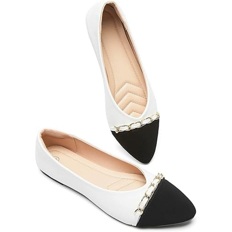 New Babudog Womens Szie 11 White Black Gold Chain Pointy Toe Slide On Flat Shoes