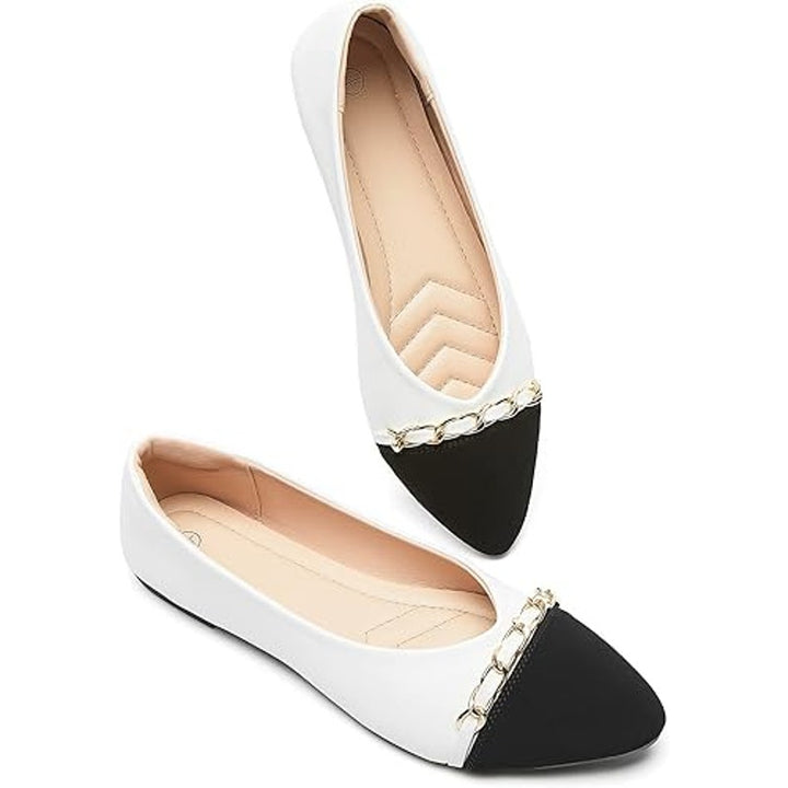 New Babudog Womens Szie 11 White Black Gold Chain Pointy Toe Slide On Flat Shoes