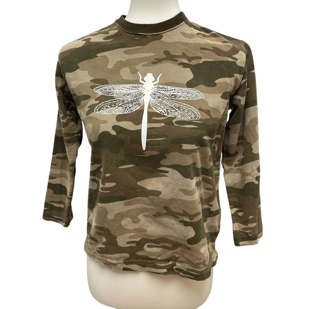 Hand Printed Upcycled Youth Medium Camo Dragonfly Cotton Crew Neck Tee Shirt
