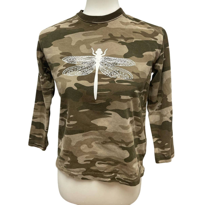 Hand Printed Upcycled Youth Medium Camo Dragonfly Cotton Crew Neck Tee Shirt