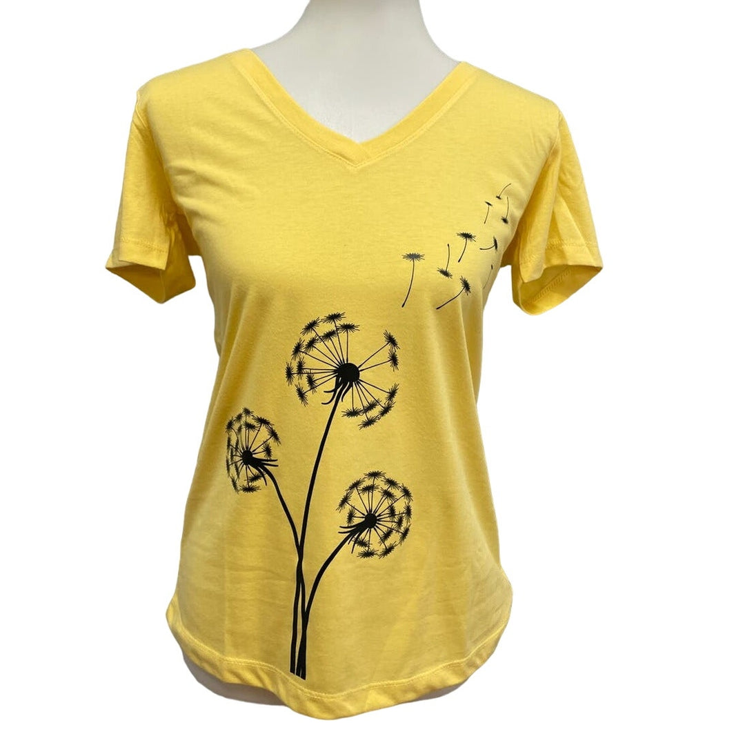 New Hand Printed Dandelion Womens Medium Cotton Blend Short Sleeve VNeck Tee