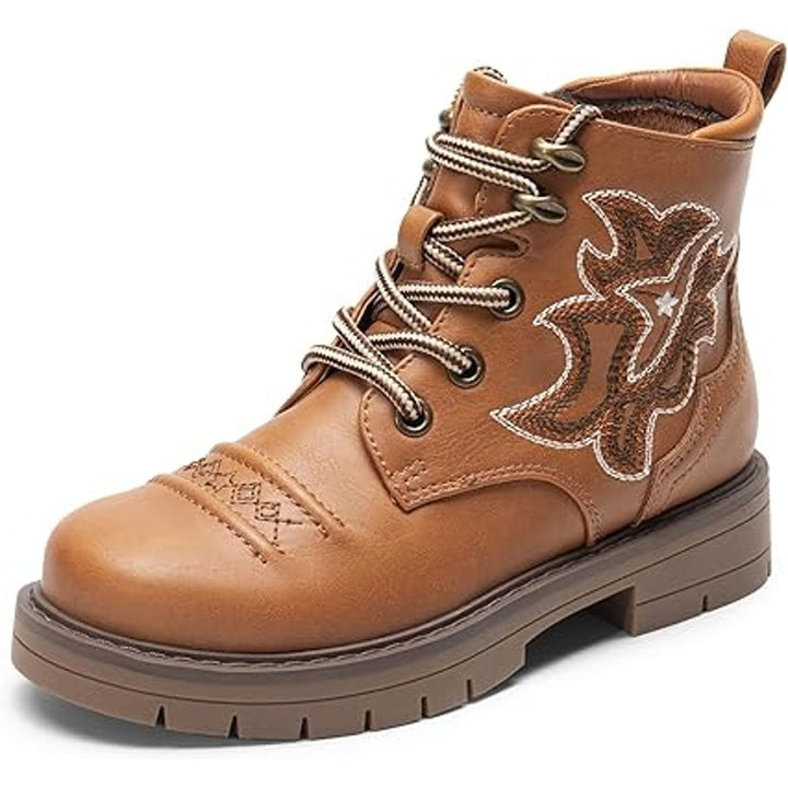 Dream Pairs Girls Size 13 Brown Lace Up Side Zip Embroidered Faux Leather Boots