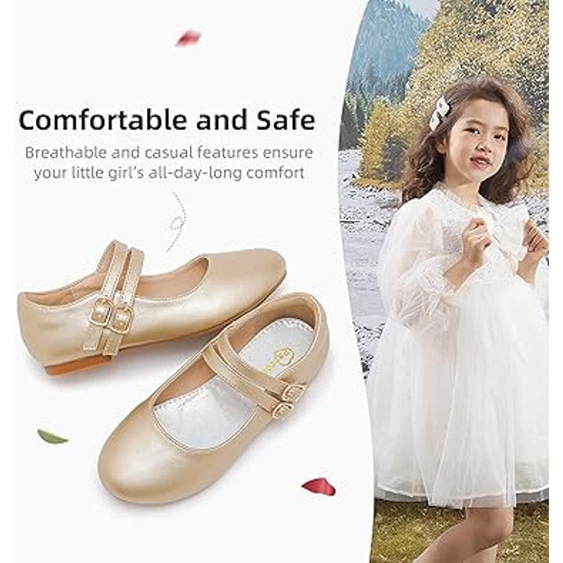 Parrosoo Toddler Girls Size 8 Matte Gold Flats Latch &amp; Hook Close Dress Shoes