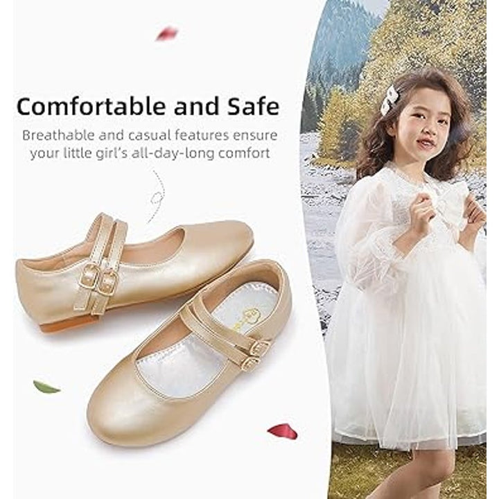 Parrosoo Toddler Girls Size 8 Matte Gold Flats Latch &amp; Hook Close Dress Shoes