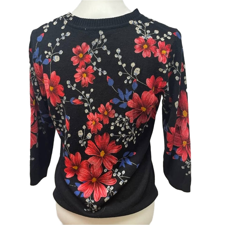 Emily Daniels Medium Long Sleeve Silver Stud Bejeweled Crew Neck Floral Sweater