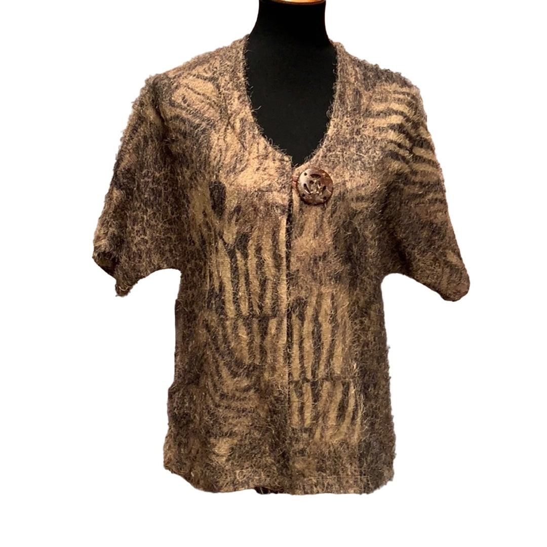 Katie Todd Womens Small Fuzzy Leopard Zebra Animal Short Sleeve Cardigan Sweater