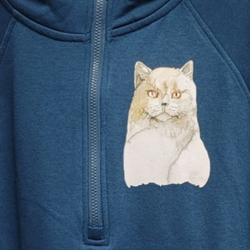 Hand Printed Upcycled Womens XL Cat Kitten Ribbed Half Zip Pullover Hoodie