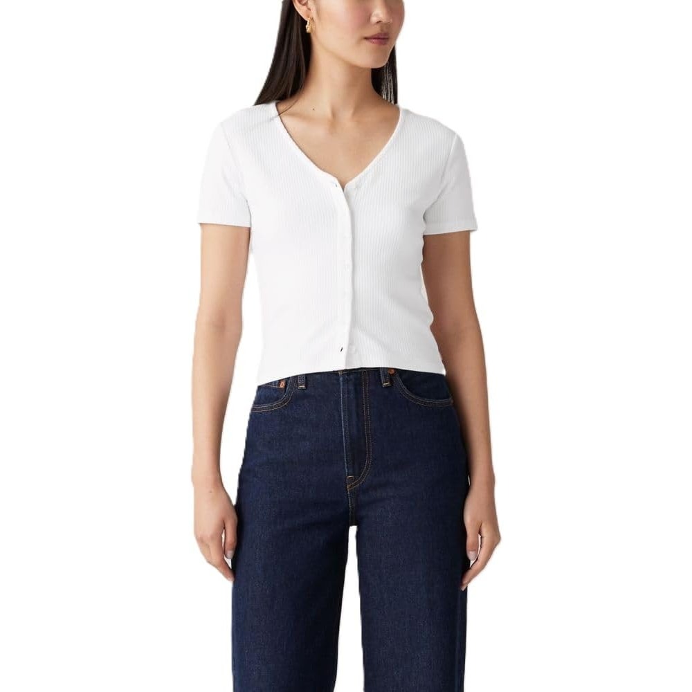 NWT New Levis Womens Medium Ribbed Slim Fit Short Sleeve Button Up Tee Shirt