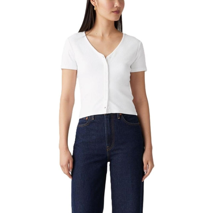 NWT New Levis Womens Medium Ribbed Slim Fit Short Sleeve Button Up Tee Shirt