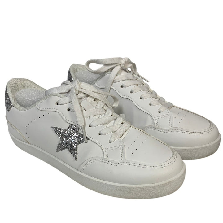 TimeJoy Womens Size 8 White Silver Glitter Sneakers Lace Up Low Top Tennis Shoes