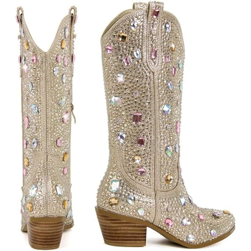 Richealnana Womens Size 11 Sparkly Rhinestone Calf High Cowboy Western Boots