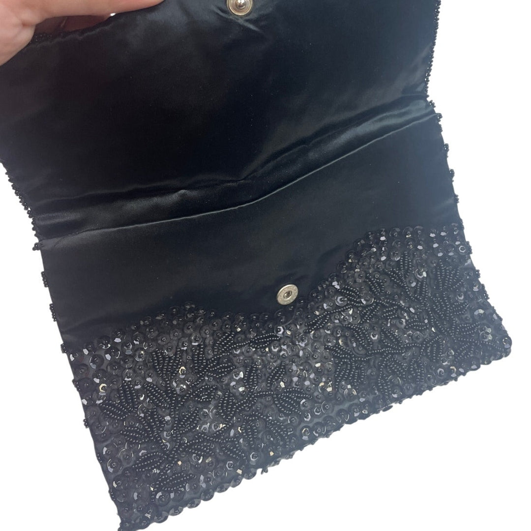 Vintage Black Beaded Small Foldover Evening Event Envelope Clutch Purse Handbag