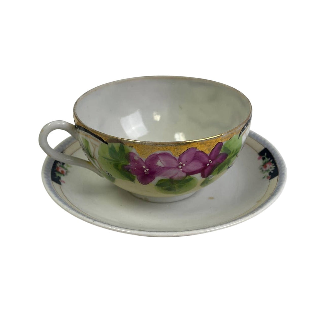 Vintage Hand Painted Nippon Japanese Floral Porcelain Teacup W Saucer