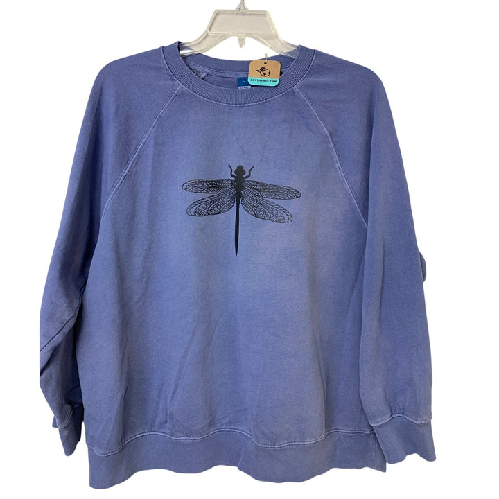 Upcycled Hand Printed Womens Medium Blue Dragonfly Long Sleeve Crew Sweatshirt