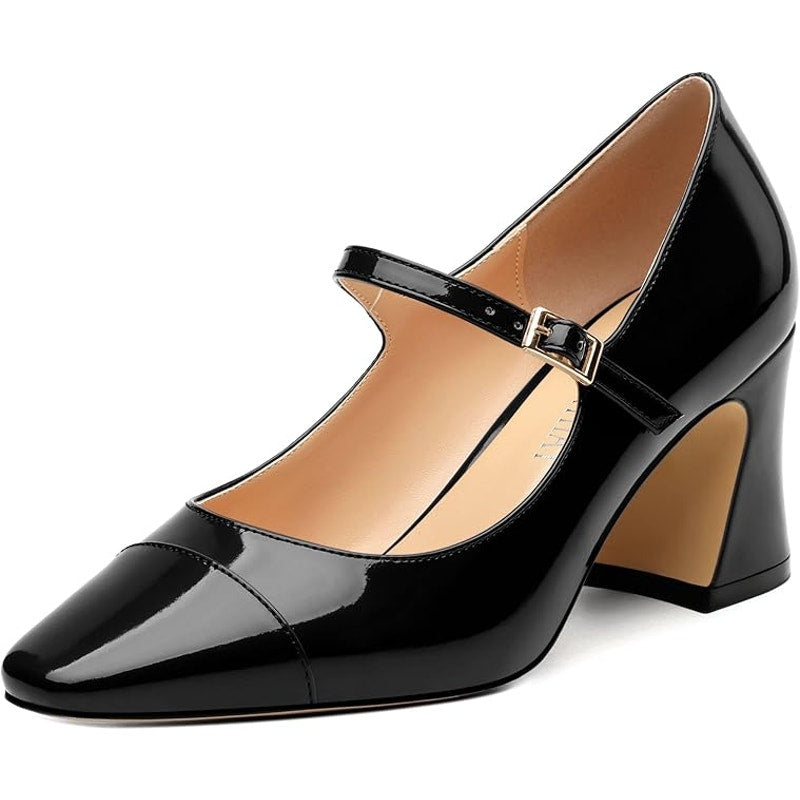 Gofourthat Womens Size 8.5 Black Shiny Faux Leather Closed Toe 2.5" Heel Shoes