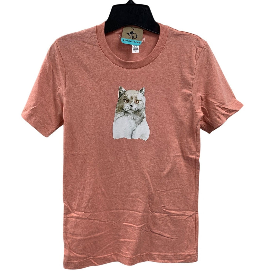 New Hand Printed Womens XS Smoky Gray Cat Short Sleeve Crew Neck Tee Shirt