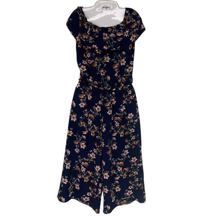 Sydney Rose Womens Small Navy Floral Off The Shoulder Sleeveless Jumpsuit