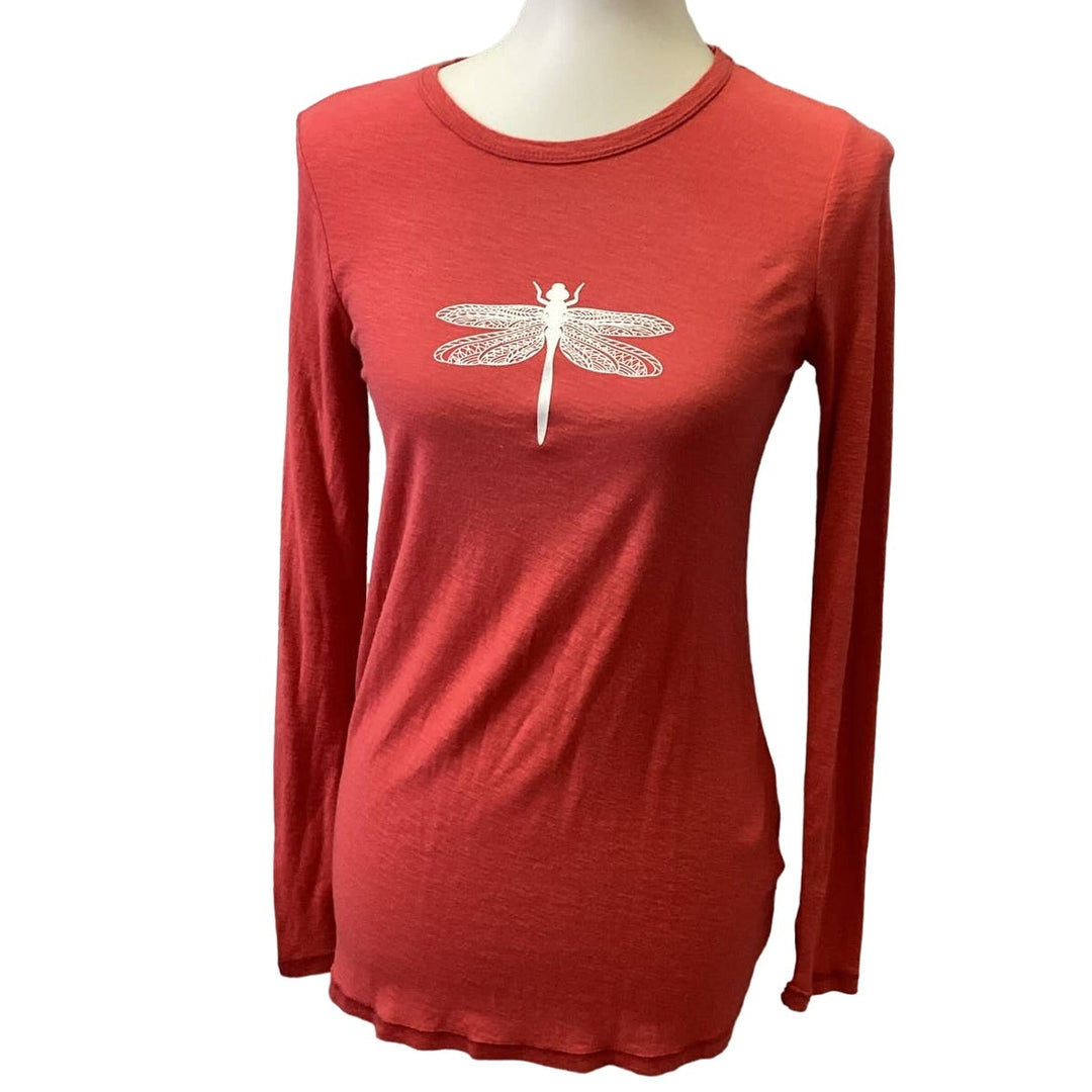Hand Printed Upcycled Small Dragonfly Crew Neck PolyCotton Long Sleeve Tee Shirt