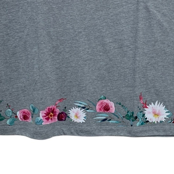 New Hand Printed Large Heathered Gray Floral Wrap Around Short Sleeve Tee Shirt