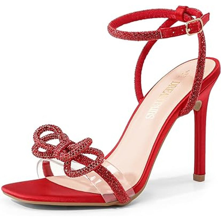 Dream Pairs Womens 9.5 Red Rhinestone Bow Clear Strap 4.5" Heel Open Toe Shoes
