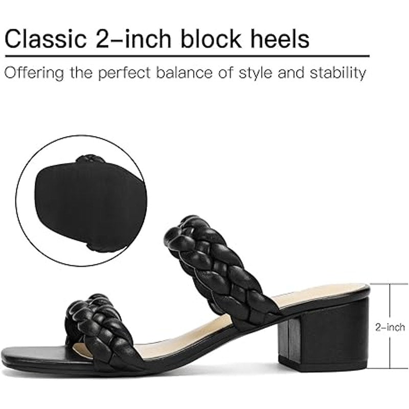 Dobolin Womens Size 7.5 Black Braided 2-Strap Open Toe 2" Chunky Heels Sandals