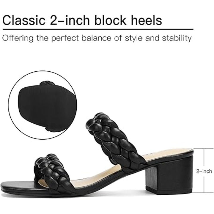 Dobolin Womens Size 7.5 Black Braided 2-Strap Open Toe 2" Chunky Heels Sandals