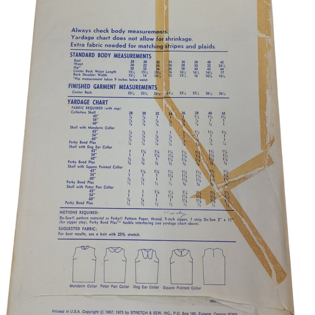 1973 Stretch &amp; Sew 350 Collared Shell Top Sewing Pattern, Complete &amp; Uncut