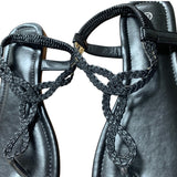 Womens Size 7.5 Black Flats Sandals Braided T Strap Round Open Toe Shoes