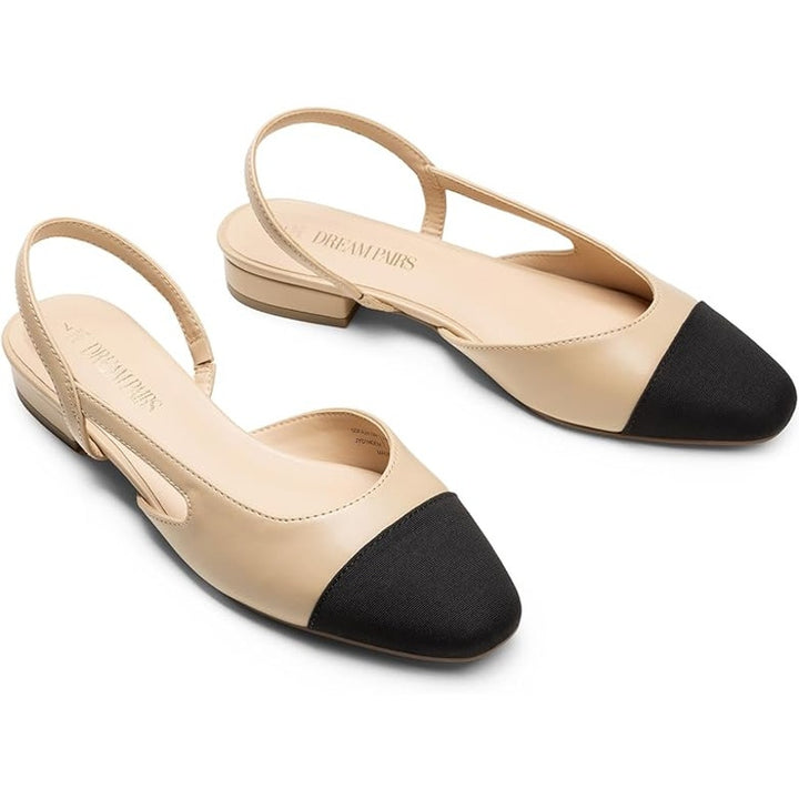 Dream Pairs Womens Size 7.5 Tan Black Slingback Low Heel Round Closed Toe Shoes