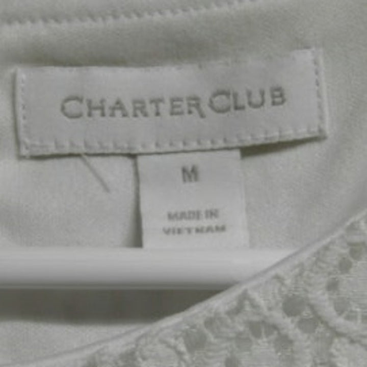 Charter Club Womens Medium White Floral Sleeveless Lace Overlay Gingham Blouse
