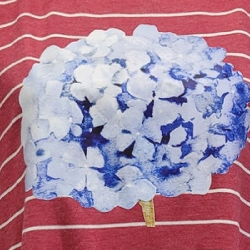Hand Printed Upcycled Womens Large Hydrangea Floral Short Sleeve Tee Shirt